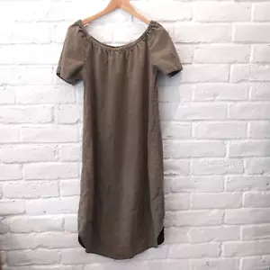 XCVI 100% Linen Midi Dress Medium 6 Olive Green Slip On Short Sleeve Boat Neck - Picture 1 of 10