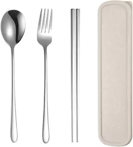3Pcs Stainless Steel Chopsticks Fork Spoon Set with Travel Case Non-Slip Tabewar - Picture 1 of 7