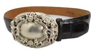 Vintage 1993 Brighton 1.3" Width Croc Black Belt Sz M Clean Cupid Antique Buckle - Picture 1 of 10