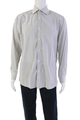 Hickey Freeman 男式纽扣长袖条纹正装衬衫白色灰色 16 码 — 第 1/4 张图片