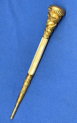 Antiguo Paraguas Sombrilla Bastón Mango Madreperla Grabado Latón Mango Foto 1 de 4