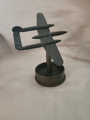 WWII Trench Art 1943 Brass P-38 Lightening  Airplane 105mm Shell - Image 1 of 4