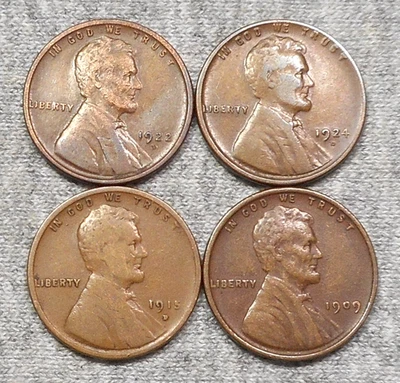 Lot Of 4 Lincoln Wheat Cents - 1909 VDB, 1915 D, 1922 D & 1924 D - Image 1 of 4