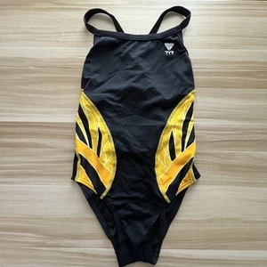 TYR Girls 28 Durafast Elite Phoenix Splice Diamondfit Swimsuit Black Yellow UPF - Picture 1 of 24