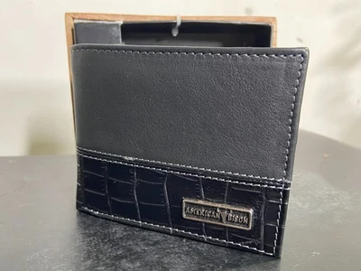 Cartera de Cuero Genuino AMERICAN BISON Negra Cocodrilo Repujado Doble Pliegue Metal Logo NUEVA Foto 1 de 4