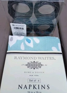 4 NEW Raymond Waites Floral Dinner Napkins 19x19 Seagreen w/4 Iron Napkin Rings  - Picture 1 of 11