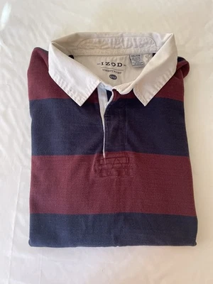 IZOD Varsity 橄榄球衬衫 XXL 长袖 Polo 重量级蓝色红色条纹 — 第 1/4 张图片