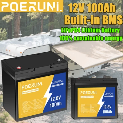 POERUNI 12V 100Ah LiFePO4 Lithium Battery Built-in BMS Deep Cycle 100Ah For RV Off-grid
