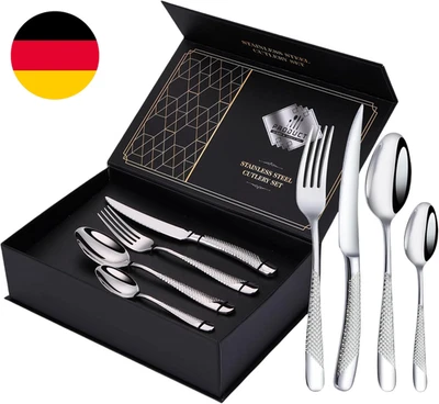 24-Teiliges Besteckset, Gehämmertes Besteck, Edelstahl Messer Gabel Löffel Essbe - Bild 1 von 4