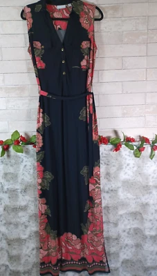 Vestido maxi NY & Company tamanho M com cinto alto preto rosa floral elástico boêmio - Imagem 1 de 4