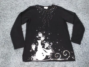 Quacker Factory Sweater Womens 8 Black Ramie Cotton Knit Winter Snow Snowman Art - Picture 1 of 12