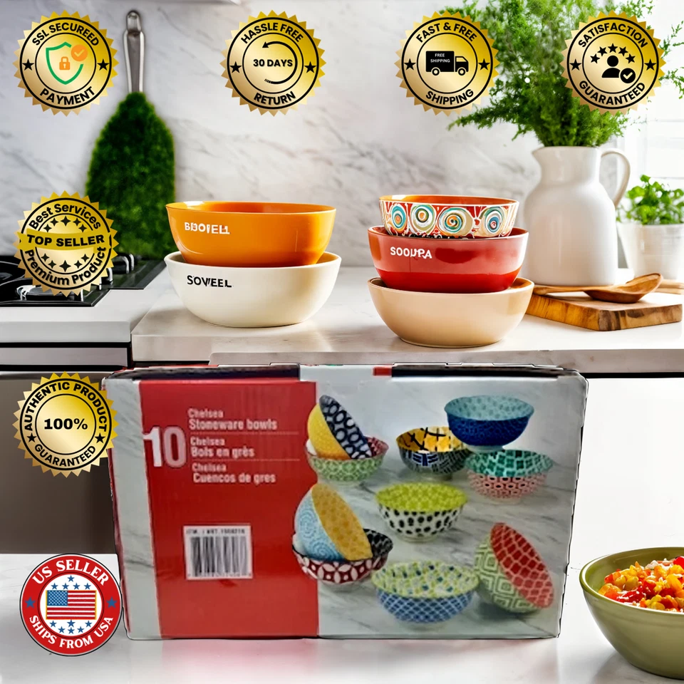 Chelsea Stoneware 10-Piece Bowl Set – Microwave & Dishwasher Safe | Colorful & D