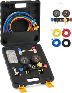Professional 4-Way AC Manifold Gauge Set with PVC Hoses and Calibration Features - Picture 1 of 9