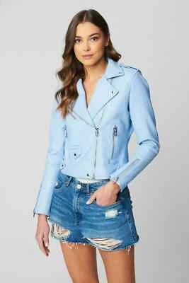 Chaqueta de cuero para mujer elegante azul motociclista pura piel de oveja hecha a mano informal Foto 1 de 4