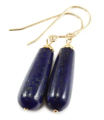 Lapis Earrings Blue Lazuli Round Long Teardrops Simple 14k Gold Sterling Silver - Image 1 of 2