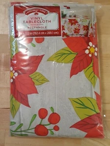 Christmas Rectangle Tablecloth 60 x 84" Red Vinyl Holiday Time Poinsettias New - Picture 1 of 5