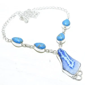 Blue Slice Agate Druzy 925 Silver Fashion Jewelry Necklace 18" RN34 - Picture 1 of 3