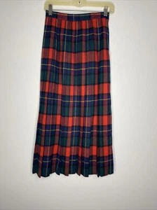 PRESWICK & MOORE Wool Plaid Pleated Skirt Sz 4 Red Green Midi Made Scotland - Picture 1 of 5