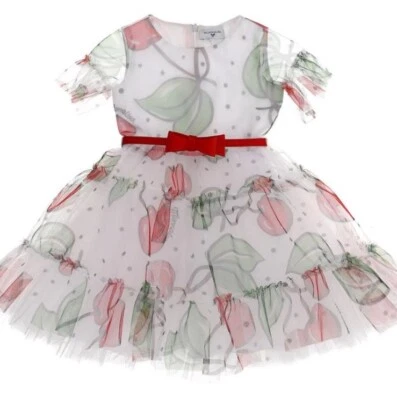 MONNALISA Girl White/Red/Green Cherry Print Tulle Red Bow Belt Dress Size 10 - Image 1 of 4