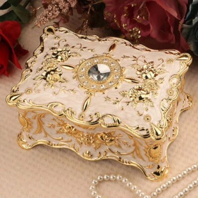 ♫ BEAUTY AND THE BEAST ♫ SANKYO RECTANGLE WHITE GOLD TIN ALLOY MUSIC BOX