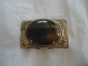 Tigers Eye Nickel/Siver Western Belt Buckle-Vintage - Picture 1 of 4