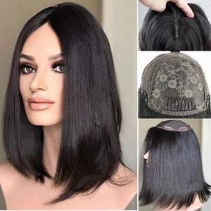 Parrucca Kosher 8""x8"" Topper Ebraico Capelli Umani Stessa Lunghezza Base Seta Basso Nero - Foto 1 di 8