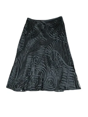 Falda midi Lafayette 148 línea A talla 12 negra seda bordada encaje Battenburg Foto 1 de 4