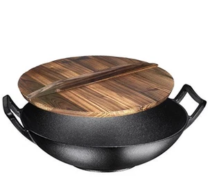 Bruntmor Pre Seasoned Cast Iron Wok Black 14inch w Large Loop Handles Flat Bas - Picture 1 of 8