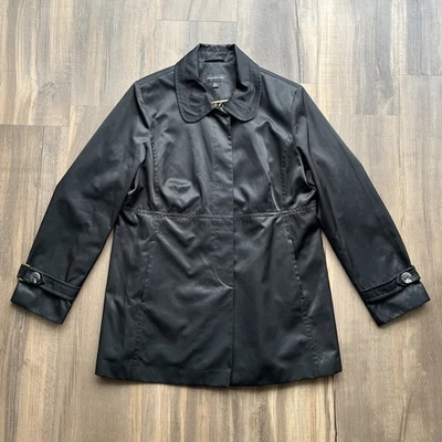 Jones New York Black Trench Coat Jacket Button Front Lined Satin Finish Black XL - Image 1 of 4