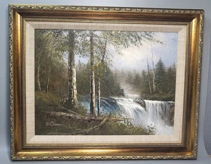 Original Oil Painting on Canvas Woodland Waterfall Forest Scene 50x40 Gilt Frame - Picture 1 of 24