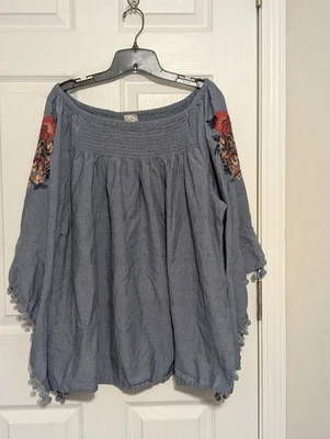 Blusa Campesina Studio West Denim Cuello Calzoncillo Bordado Top Talla 3X Borlas Boho Foto 1 de 4
