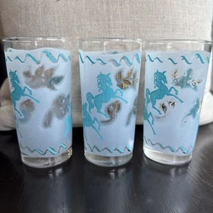 Libbey Turquoise (Blue) & Gold Unicorn Glasses 4pc USA 5.5" 12 oz. Set of 3 - Picture 1 of 9