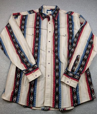 Wrangler Western Shirt Mens XL Beige Aztec Stripe Pearl Snap Long Sleeve Cowboy - Image 1 of 4