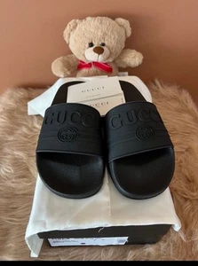 Authentic Gucci Women's Black Rubber Logo Slipper Sandal Size G 36 Unused - Picture 1 of 9