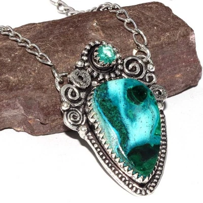 Impresionante Collar de Piedras Preciosas Topacio Verde Malaquita Crisocola 21" GW Foto 1 de 3