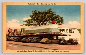 Postkarte NY Red Apple Rest Restaurant Bar Cafeteria Bushaltestelle Southfields BB21 - Bild 1 von 3