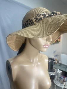 Printed Scarf Adjustable Band Floppy Hat Natural/Leopard Brown - Picture 1 of 3