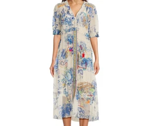 Johnny Was Mazzy Ruched Midi Dress White Floral Mesh Short Sleeve XL;NWT - Picture 1 of 20