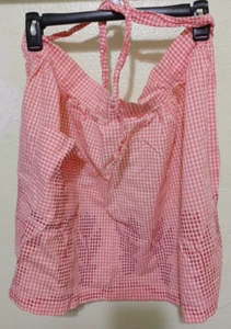 VINTAGE Handmade Half Apron Cross Stitch Pink & White Checkered Floral w/Pocket - Picture 1 of 4