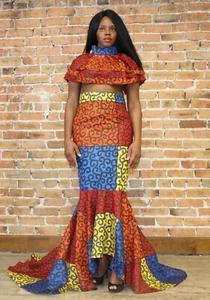 Top e gonna due pezzi stampa africana Ankara multicolore ritagliata con volant - Foto 1 di 7