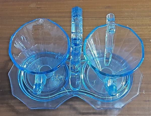 Vintage CAMBRIDGE Blue Cream & Sugar Decagon Glass Set w/Holder - Picture 1 of 11