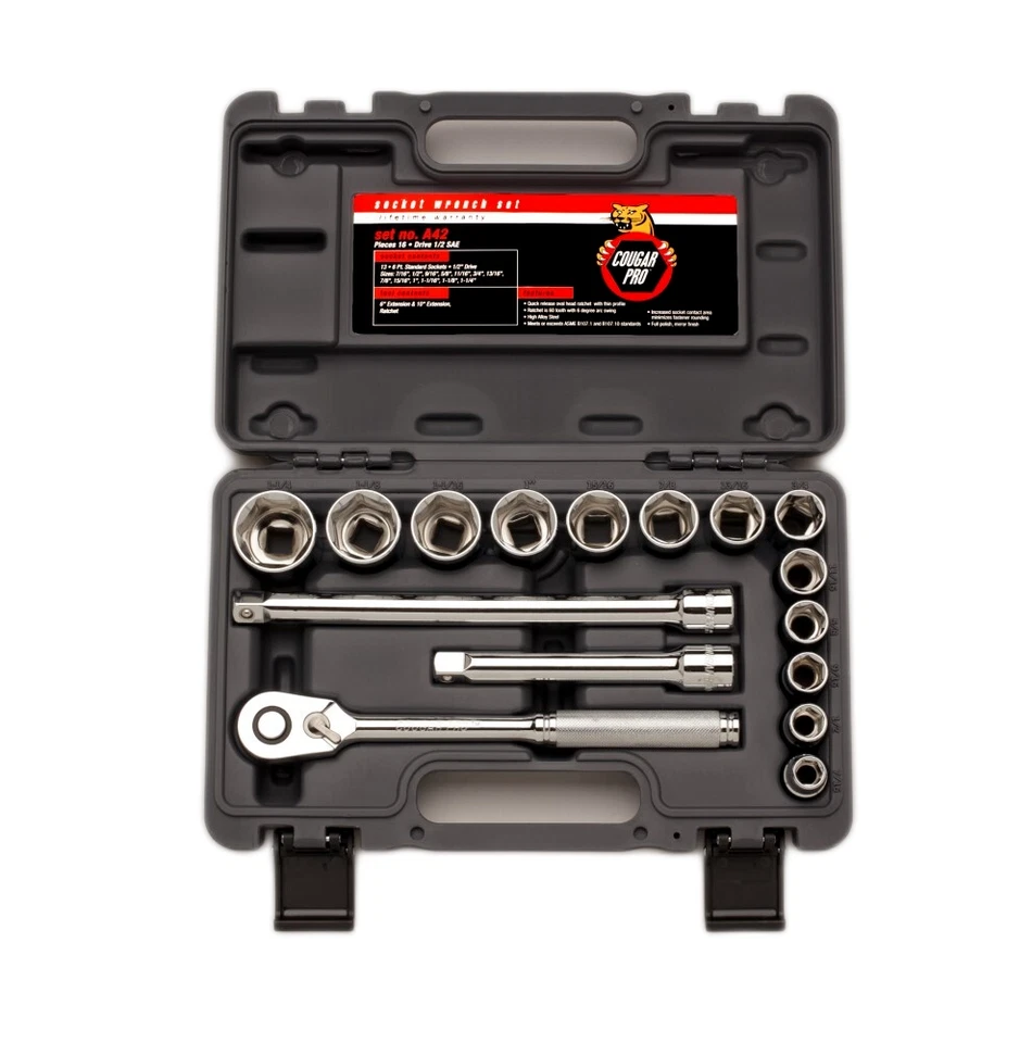 Cougar Pro Socket Wrench Set 1/2" Drive SAE 16 Pieces A42 - Image 1 of 2