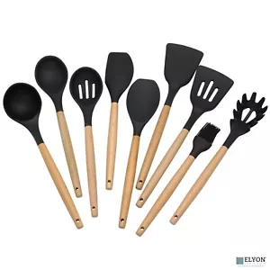 9-teiliges schwarz farbiges Silikon Küchenutensilien Set mit Holzgriffen - Bild 1 von 6