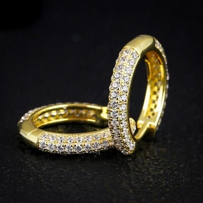 Men's Small Thin Iced Cz Gold Plated Sterling Silver Skinny Hoop Earrings​ - Image 1 of 4
