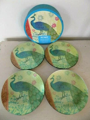 Set of 4 Pier 1 Imports Glass Appetizer Plates Peacock Brushed Metallic Design - Image 1 of 4