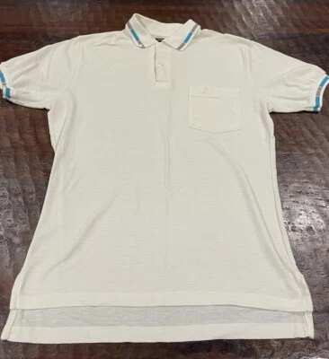 Camisa Polo JANTZEN Vintage Años 70 80 Marfil con Borde Azul Gris Para Hombre Talla Mediana Foto 1 de 4
