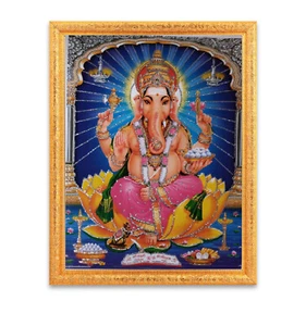 Vintage Ganesha Silver Zari Art Work Photo In Golden Frame Big (14 X 18 Inch) - Picture 1 of 4