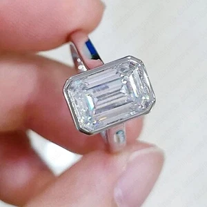 4.76 Ct Emerald Cut Moissanite Bezel Engagement Ring 14k White Gold Plated - Picture 1 of 9