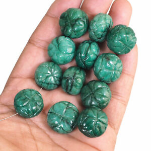 12 Pcs Natural Emerald Loose Beads Finest Green Carved Drilled Gems 19mm-20.35mm
