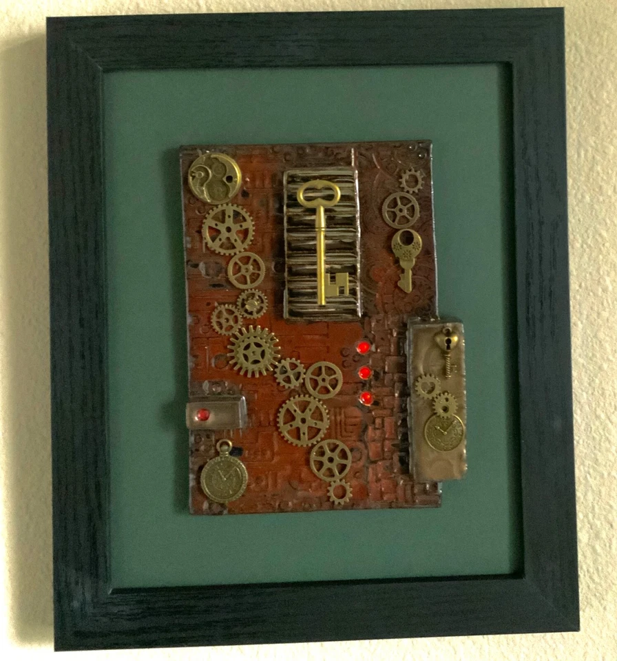 Steampunk Framed Wall Art Pottery (8”X10”)  - ClayByKirt small Washington studio - Image 1 of 1
